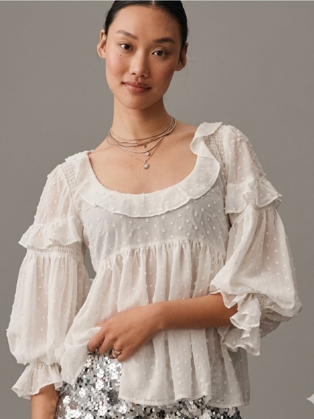 By Anthropologie Ruffled Sheer Boho Blouse White Swiss Dot Top Cottagecore- M